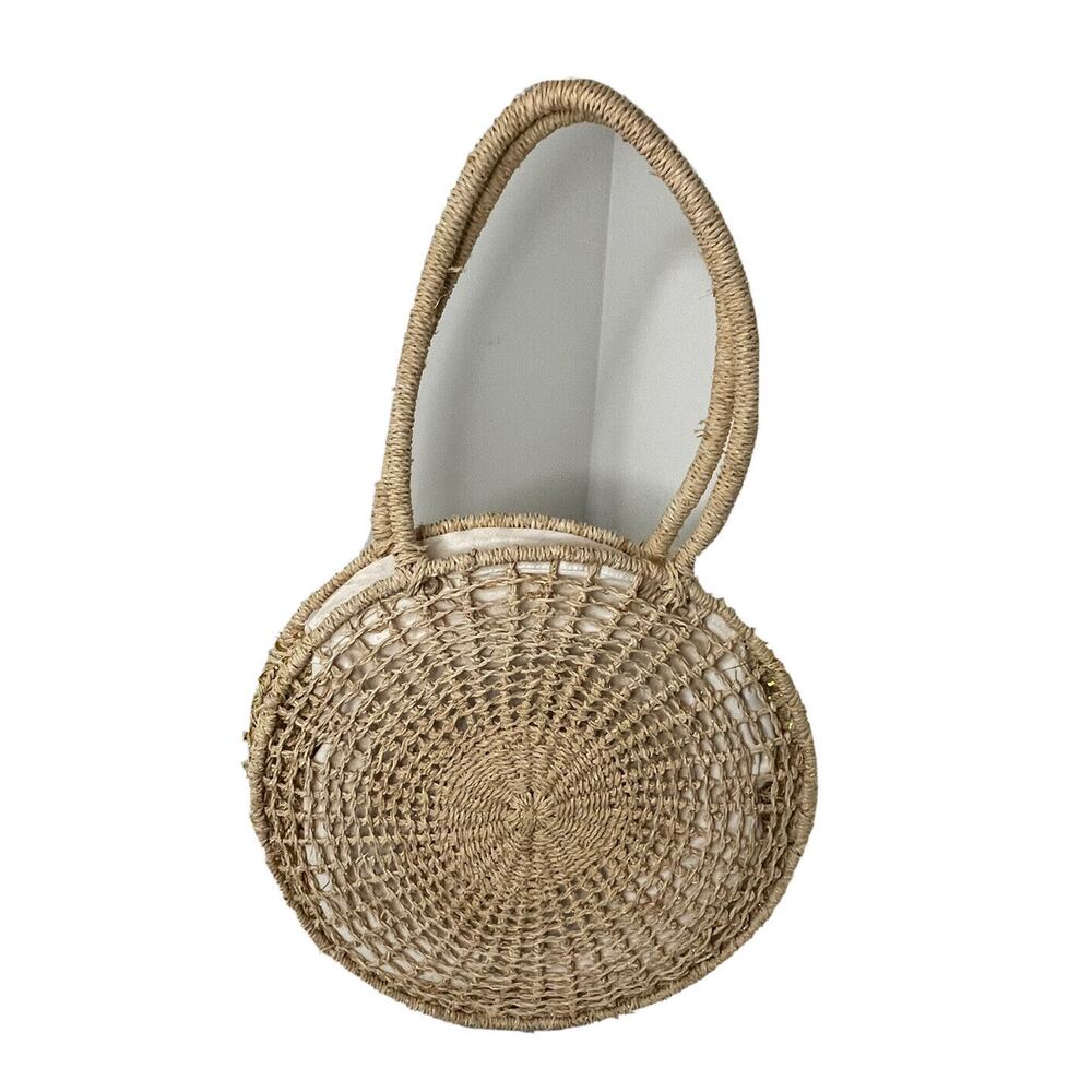 Marabelle Round Natural Straw Rattan Handbag w/Gold Flecks Travel Boho Beach 13”